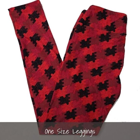 LuLaRoe OS Leggings Puzzle Pieces Red Black NEW - Picture 1 of 1
